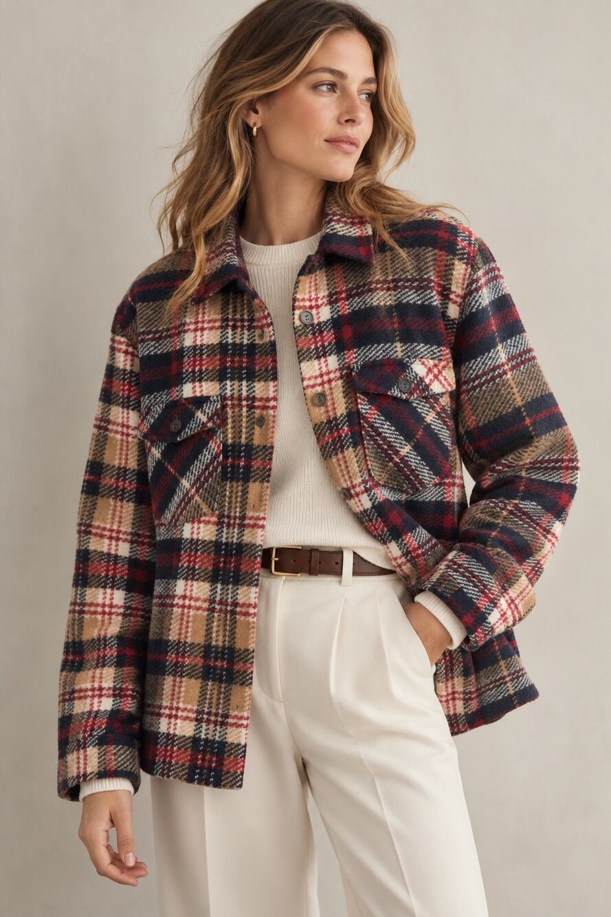 8 by YOOX Plaid Wool Blend Shacket Shirt Jacket Made in Italy Large